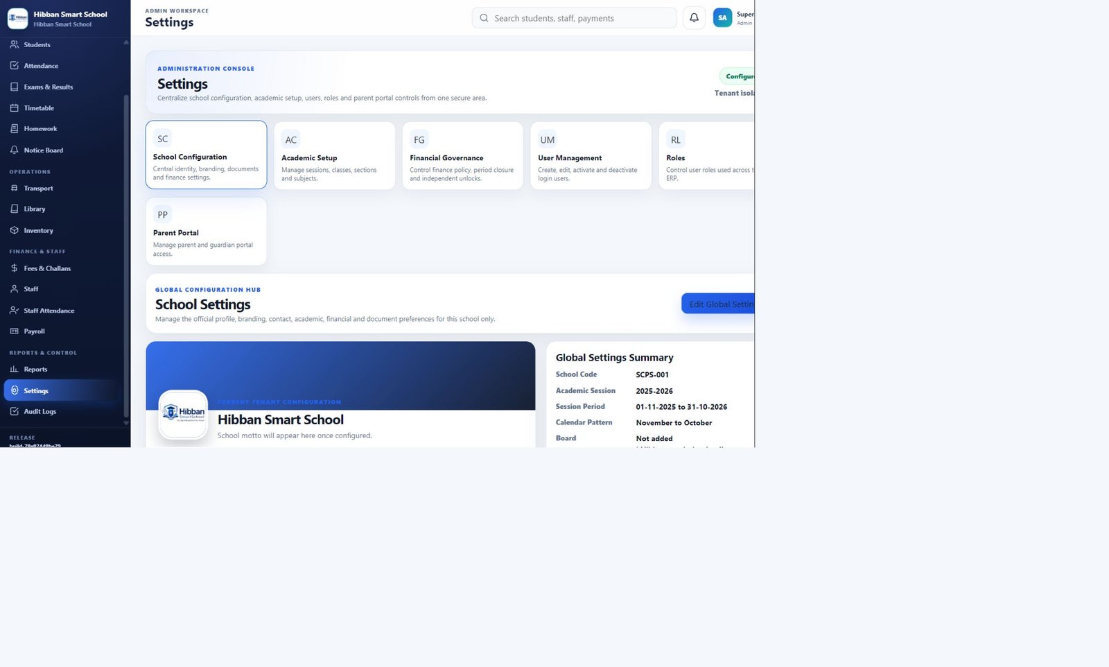 Hibban SmartSchool school administration workspace